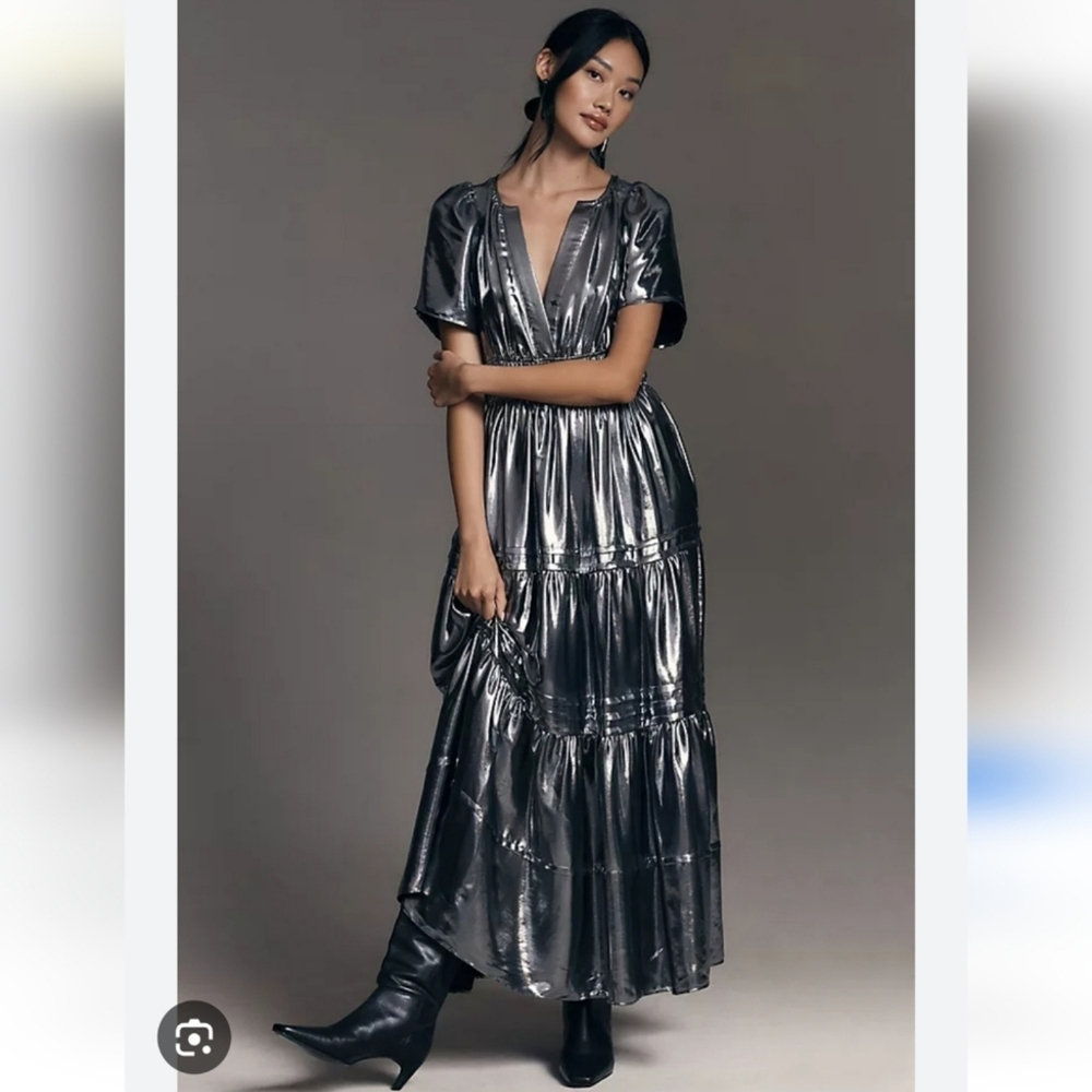 NWT Anthropologie Somerset Metallic Gray Tiered Maxi Dress Size S